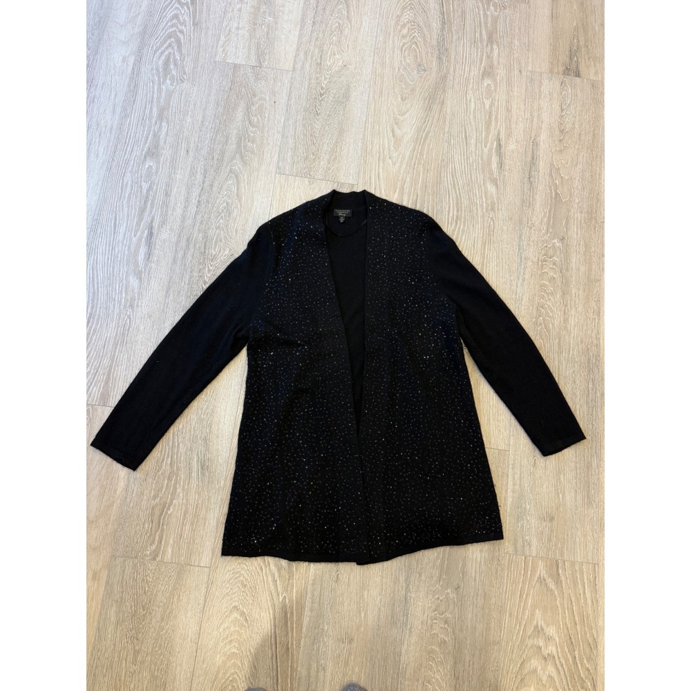 Charter Club Luxury Cashmere Cardigan Black Sequin Open Front Sweater XL